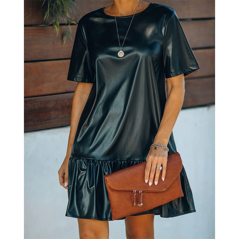 2022 Spring Ruffled Loose Slimming Leather Short Sleeve Dresspicture2