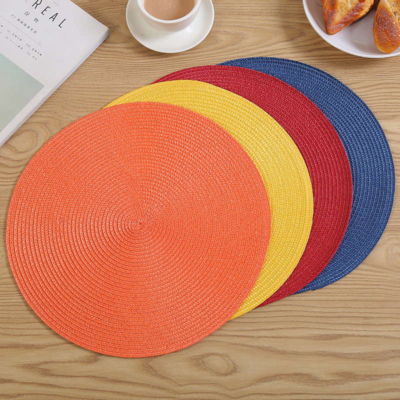Wholesale of Japanese-style colored woven table MATS, PP eco-friendly round Western placemats, heat-insulating, waterproof and mold-proof tablecloth coasters detail image 3
