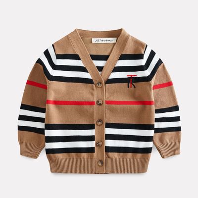 2020 Spring new pattern Boy V-neck Stripes mixed colors Versatile knitting Cardigan Children's clothing coat A generation of fat