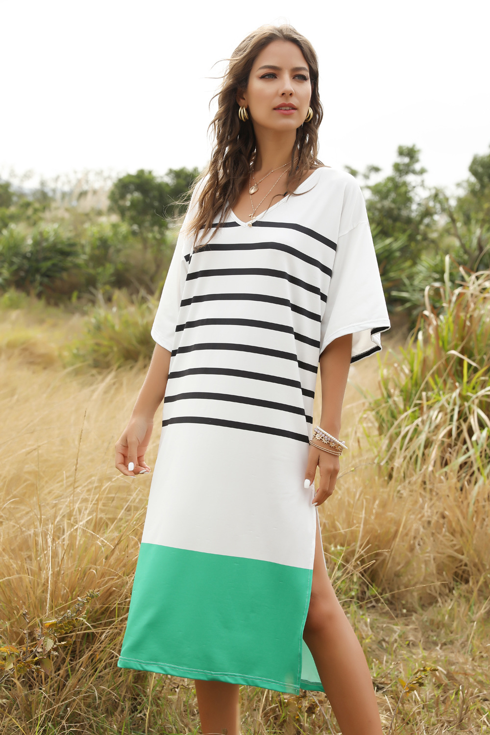 V-neck bat sleeve striped dress women's clothing NSDF1504