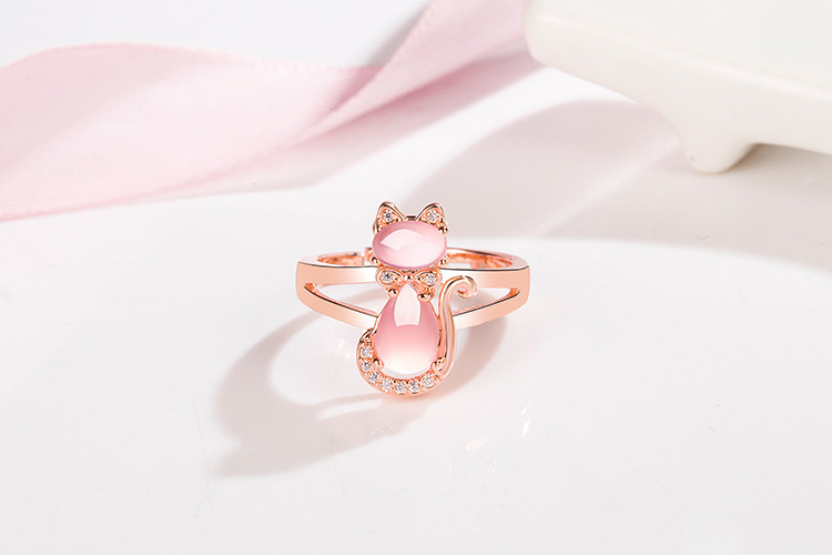 Korean pink crystal cat ring female diamond hibiscus stone cat open fashion ringpicture4