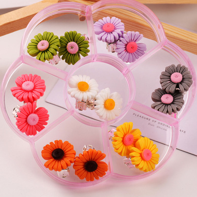 儿童耳夹无耳洞韩流邹菊流行耳环卡通多色收纳盒装7对女孩耳环