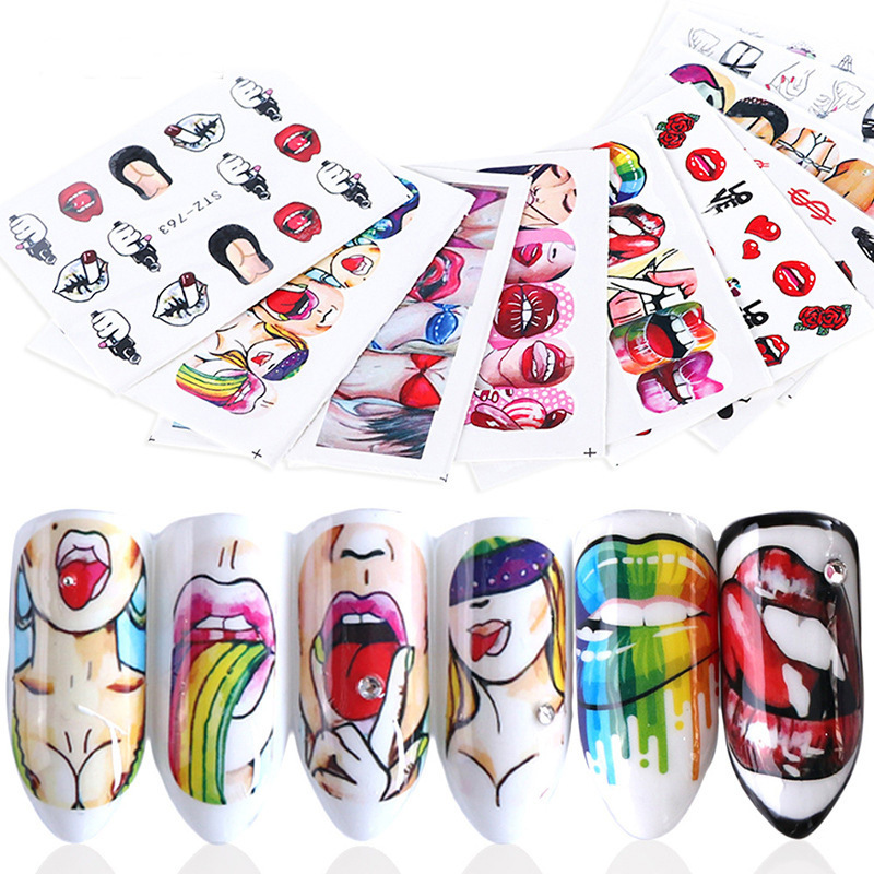 Cross-border Source 9 American Art Nail Art Watermark Decal Sexy Lips Cool Girl Nail Sticker Set