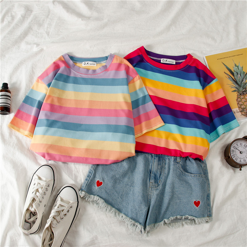 Damen Sommer-Tops T-Shirt Gestreifte Shirts Gestreifte Tees Vintage Heiße Kurzarm-T-Shirts in Übergrößen Lockere Freizeit-Tees – Detail 7