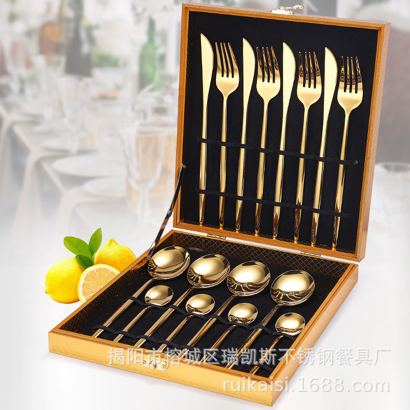 Cross-border wooden boxed 24-piece stainless steel Western food knife, fork and spoon gift hotel party fake Portuguese tableware Cross-border wooden boxed 24-piece stainless steel Western food knife, fork and spoon gift hotel party fake Portuguese tableware