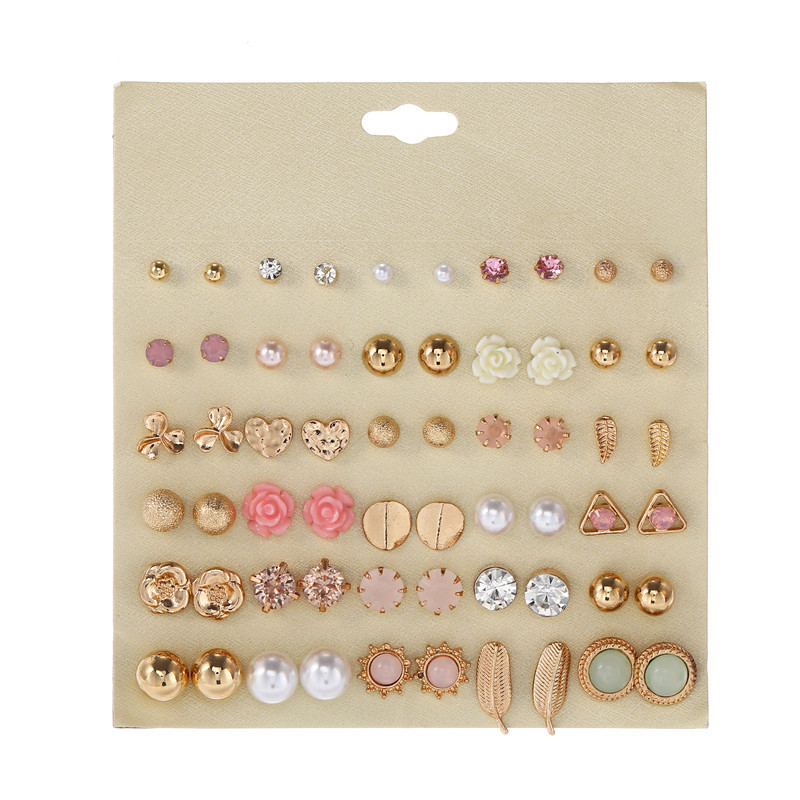 Vente Chaude Corée Du Sud 30 Paires D&#39;alliage Feuilles Résine Rose Fleurs Boucles D&#39;oreilles Géométriques En Gros Nihaojewelry display picture 1