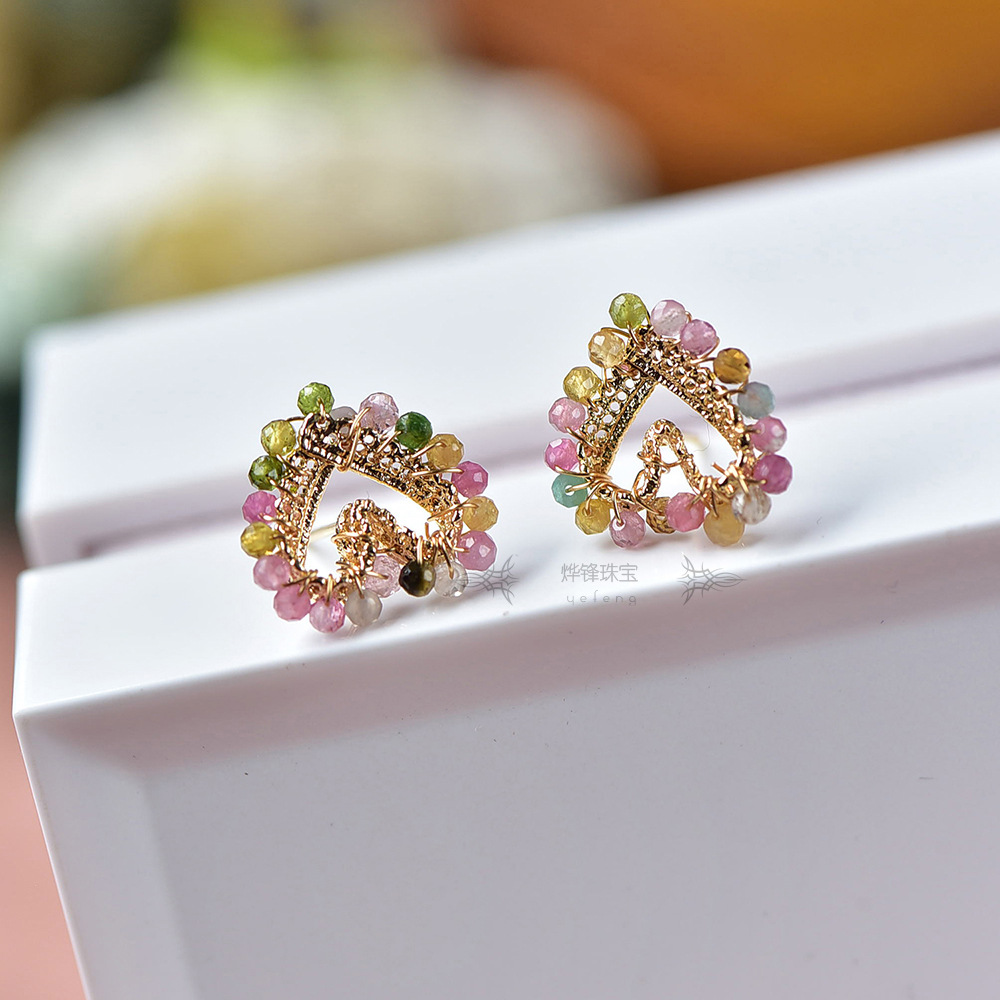 1 Pair Quantity 1 Pair Retro Classic Style Heart Shape Tourmaline Copper 14K Gold Plated Ear Studs