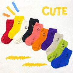 New Ins Children's Socks Solid Color Embroidered Smiling Face Fluorescent Color Cute Baby Mid Calf Socks Korean Style Trendy Fresh