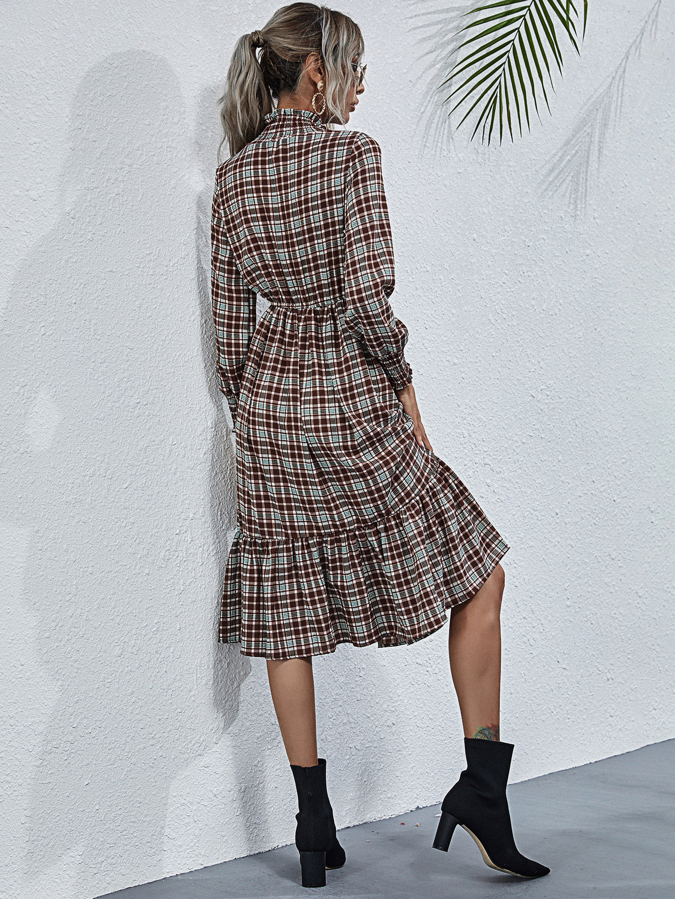 Plaid Turtleneck Chiffon Dress  NSCX8100