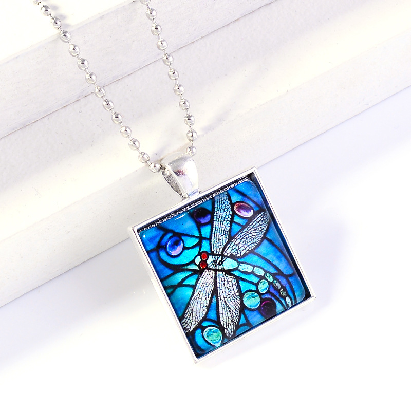 Painted blue dragonfly time gemstone necklace alloy geometric insect glass long