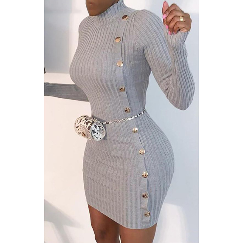 women's solid color sexy slim single-breasted long-sleeved dress NSKX5936