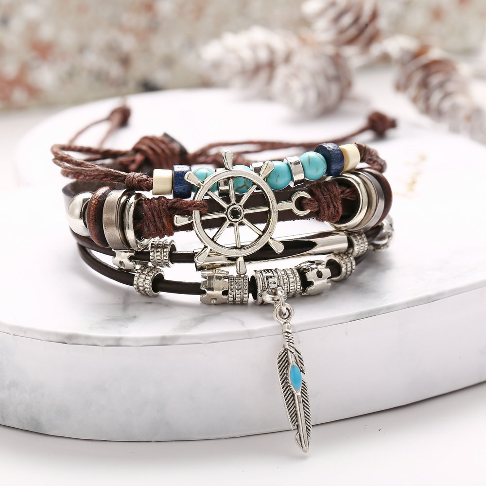 Casual Feather Rudder Pu Leather Alloy Wood Plating Metal Bracelets display picture 4