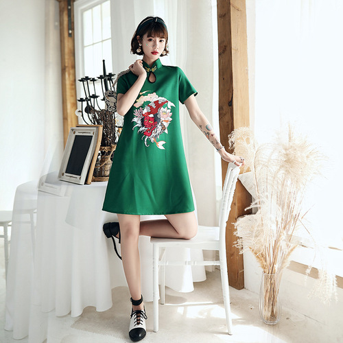 Black cheongsam Chinese Qipao dress fashion young girl retro loose Chinese style improved version dress casual short skirt