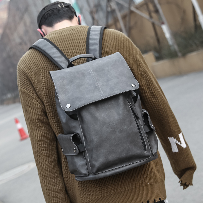 Retro Solid Backpack Campus Student bag Outdoor Travel knapsack Scrub PU Custom leather LOGO On behalf of