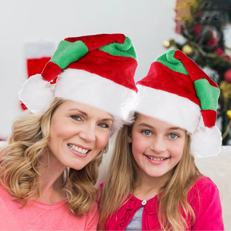 圣诞节装饰品成人儿童红色普通圣诞帽子红白格长绒毛短绒毛卡通帽