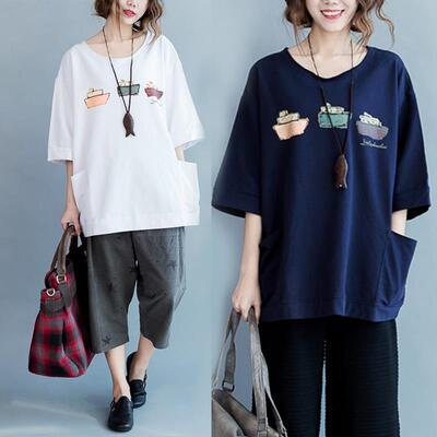 外贸女装加肥加大口袋夏装特大码装胖mm遮肚上衣洋气显瘦短袖t恤