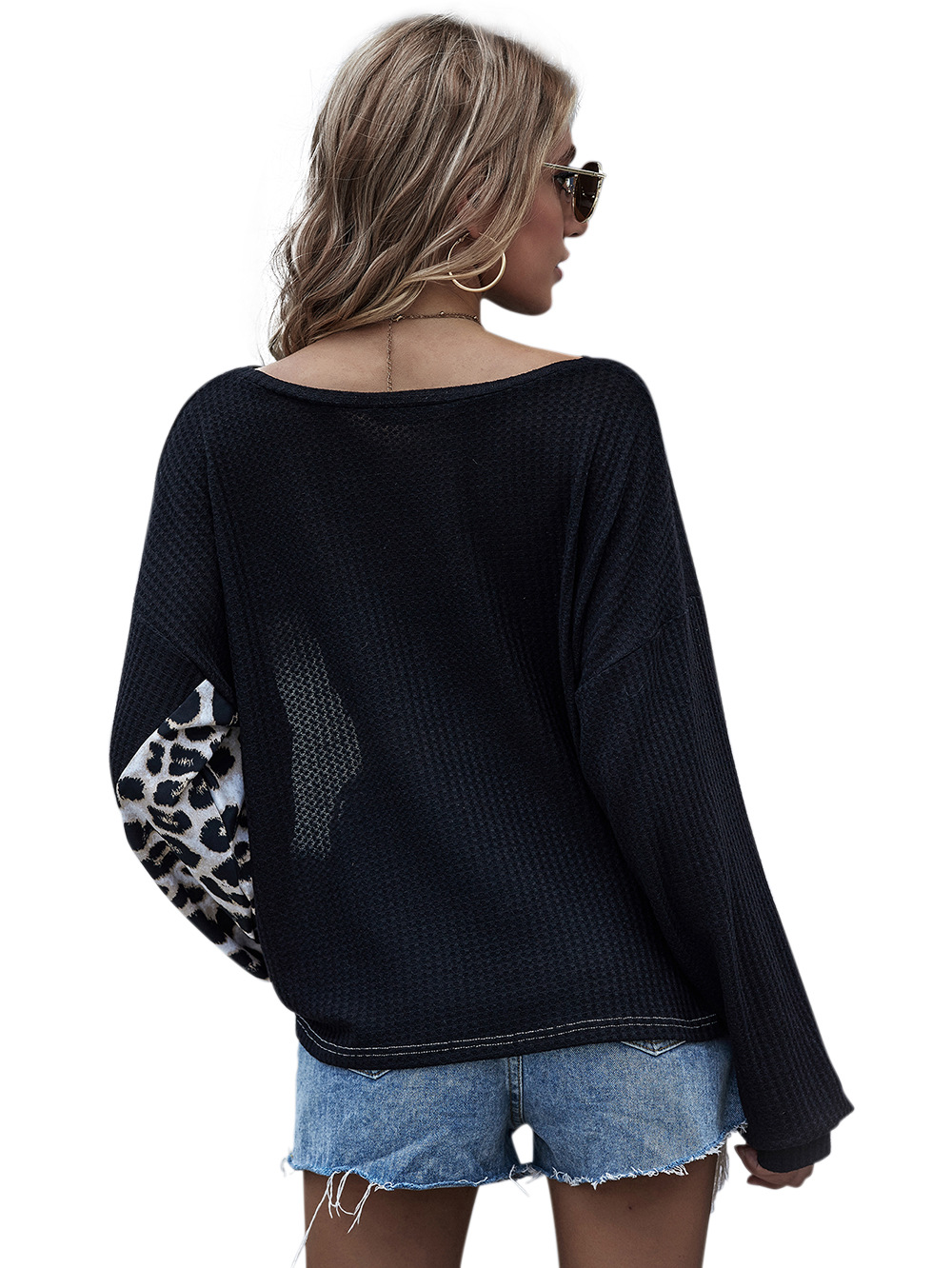  solid color stitching leopard print sweater long-sleeved top  NSDF2601