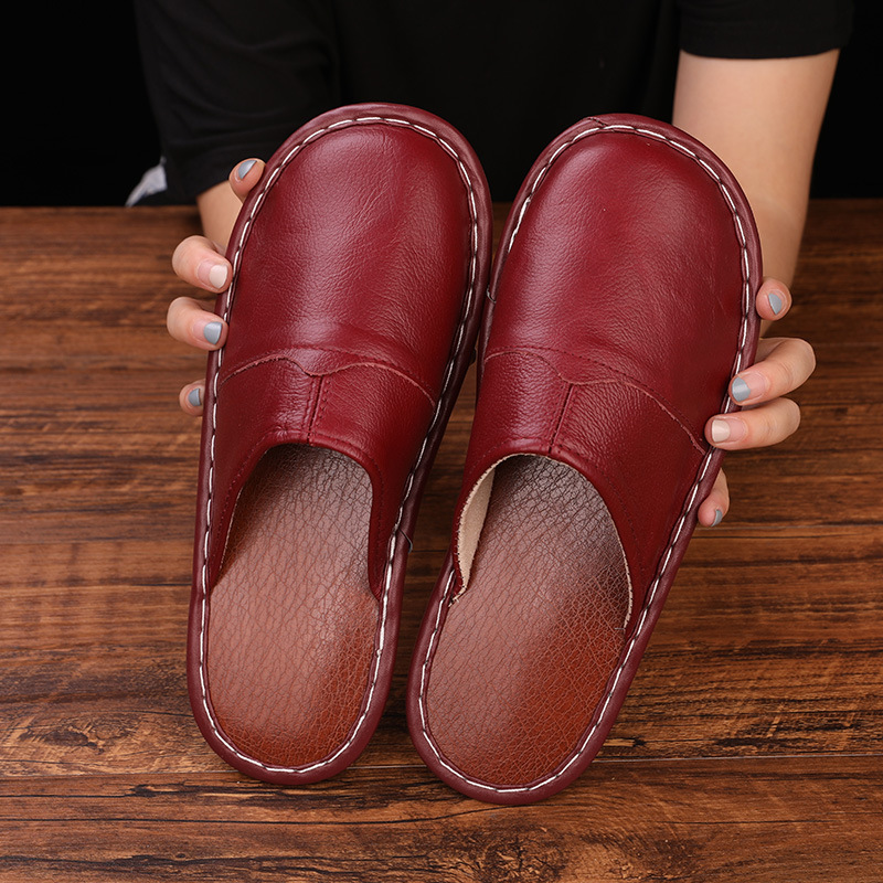 2021 leather home leather slippers four seasons Baotou tendon bottom men and women indoor spring, autumn floor drag wholesale