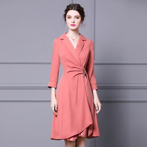 Spring new suit collar organ fold knee A-line skirt