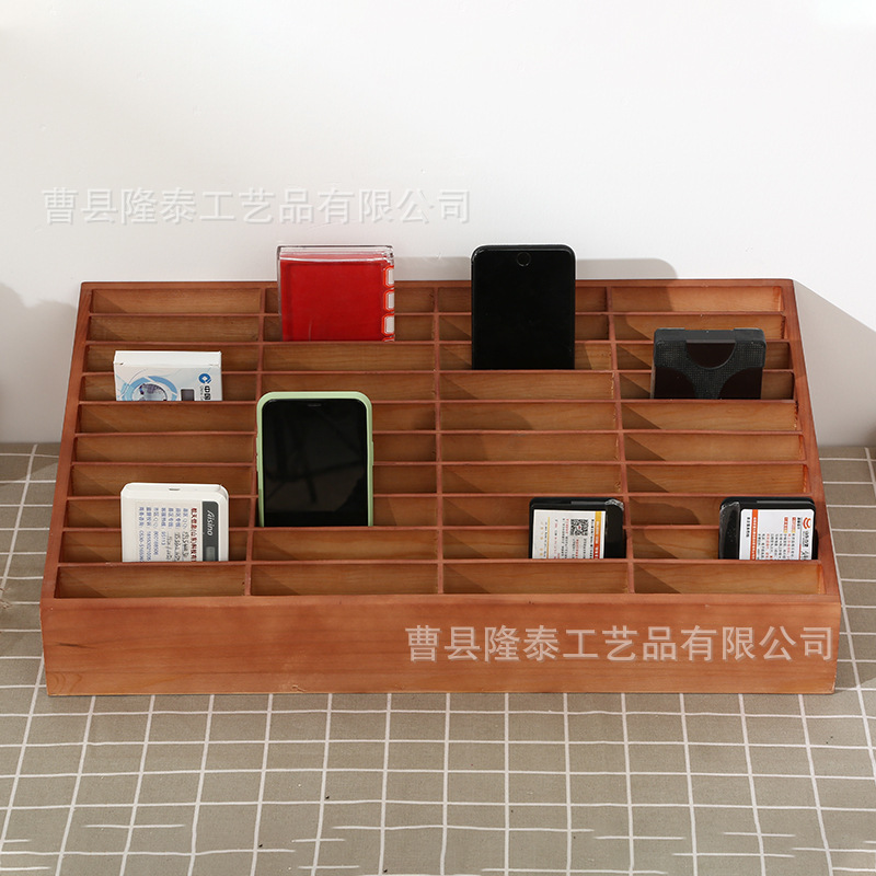 En stock caja de gestión de almacenamiento de teléfono móvil escritorio madera maciza retro multi-rejilla película templada caja de almacenamiento Oficina Conferencia rack de almacenamiento