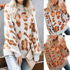 2026跨境外贸新款Knitted top loose fit round neck leopard pri