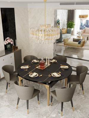 岩板伸縮餐桌現代簡約輕奢電磁爐折疊餐桌椅壹桌六椅圓形岩板餐桌