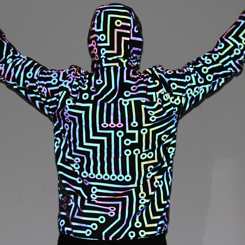 Men's Jacket Reflective Laser Circuit Pattern Hooded Windbreaker_voghion.com