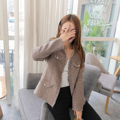 手缝双面羊毛呢外套女赫本风毛呢大衣女士千鸟格外套一件代发女装