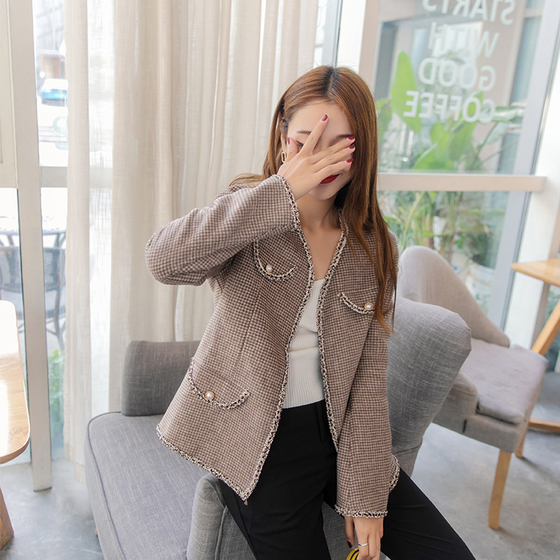 手缝双面羊毛呢外套女赫本风毛呢大衣女士千鸟格外套一件代发女装