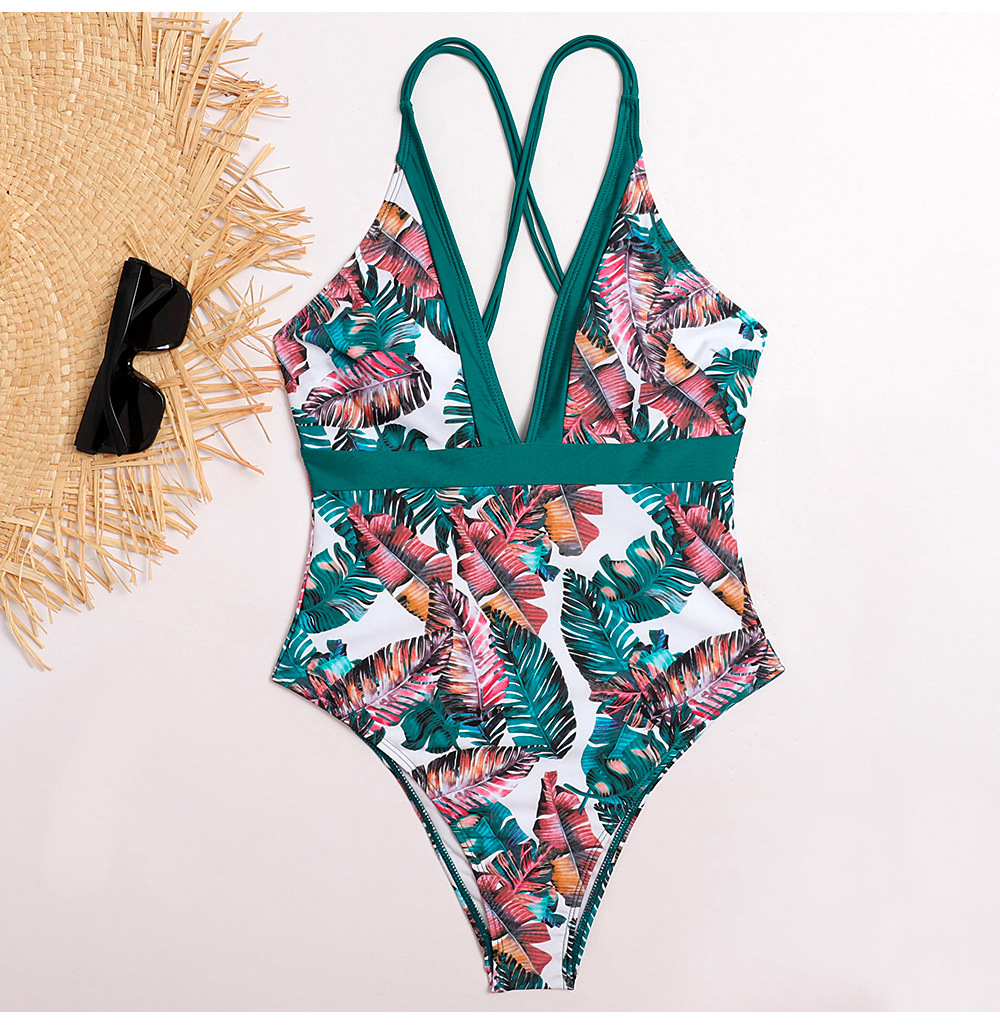 leaf print lace backless swimmer NSHL2223