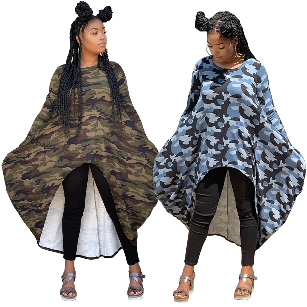 M2062欧美跨境女装亚马逊新款长袖宽松迷彩印花不规则休闲连衣裙