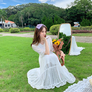 小清新白色仙女裙子夏2020新款时尚气质娃娃领a字中长法式连衣裙