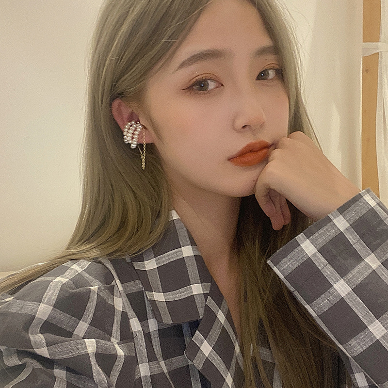 French Retro natural Special-shaped Pearl chain magnet Ear clip temperament Ear bones No pierced ears Earrings Pinna