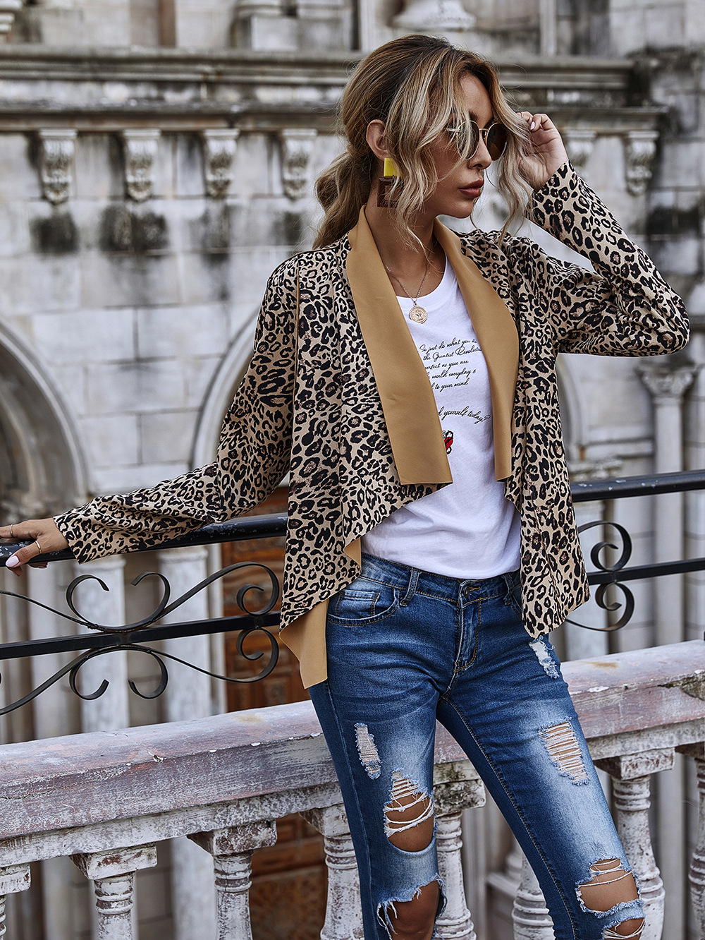 nueva chaqueta con estampado de leopardo de cuello abierto y solapa grande de otoño para mujer NHDF44