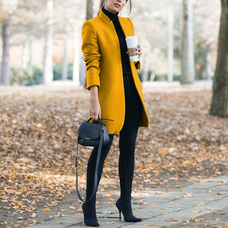 Long woolen coat (Amazon) fitted stand‑collar demi‑season, lightweight, multiple sizes