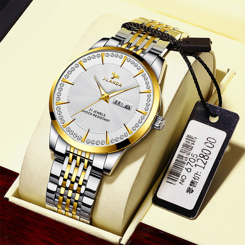 金丰达不锈钢带日历星期男士手表防水石英表轻奢商务腕表情侣对表|ms