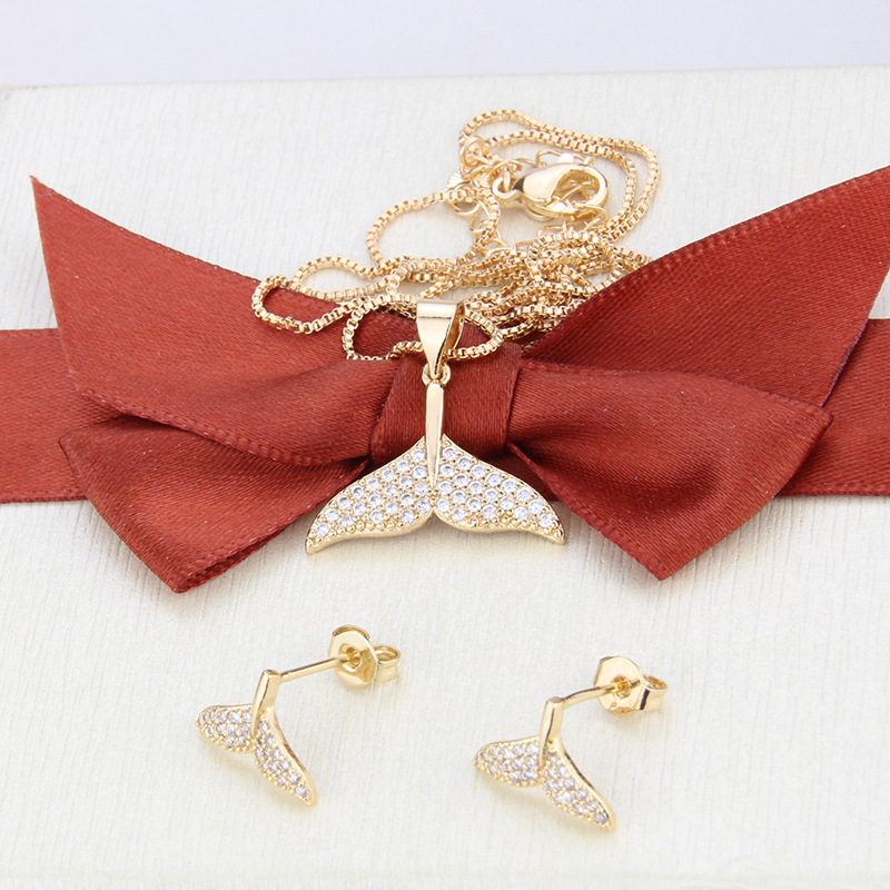 Copper Material Inlaid Zirconium Fishtail Gold-plated Earrings Necklace Set