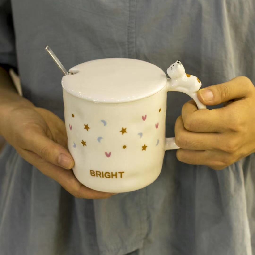 Creativo lindo gatito taza con tapa cuchara en relieve simple estilo japonés de Café cerámica personalizada agua