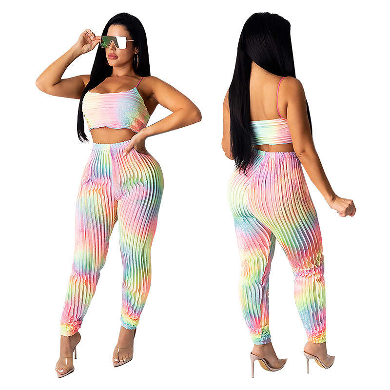 Elastic Pleated Leisure Sports Tie-Dye Sling Print 2 Piece Set NSCYF68252