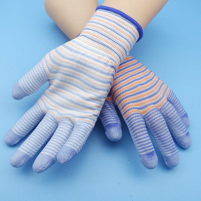 pu涂掌涂层浸胶条纹劳保手套13针尼龙防滑工作防护防静电作业手套