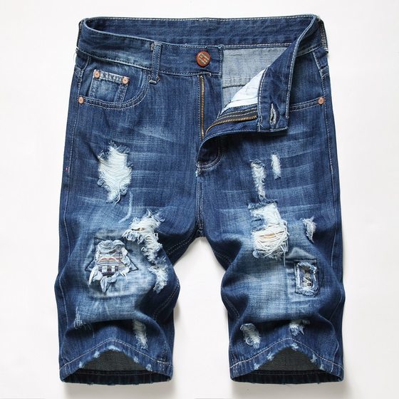 Cross-Border Supply of European and American Foreign Trade Denim Mid-Pants with Holes, New Amazon Personalized Retro Multi-Color Trendy Men's Pants
