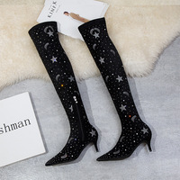 183-3 in Europe and the us winter boots with high heel pointed suede show thin diamond sexy add flocking knee boots
