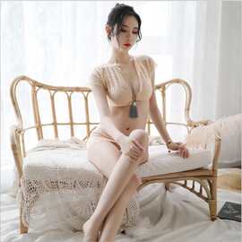 带精美包装性感蕾丝深V诱惑分体式制服三点裹胸情趣内衣齐臀短裙