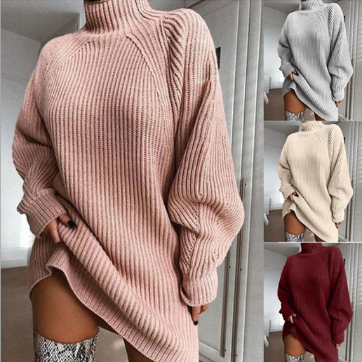 Autumn and Winter 2021 New wish Explosions Knitwear Mid-length Raglan Sleeve Half Turtleneck Sweater Dress