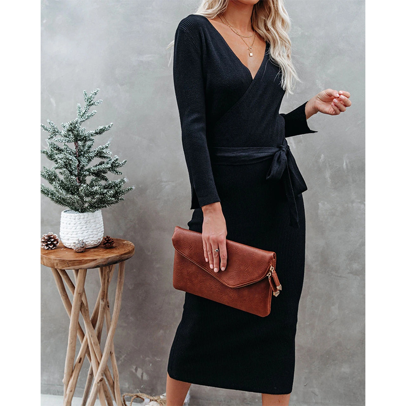 V-Neck Lace-Up Commuter Knitted Long-Sleeved Slim Dress NSHPH108631