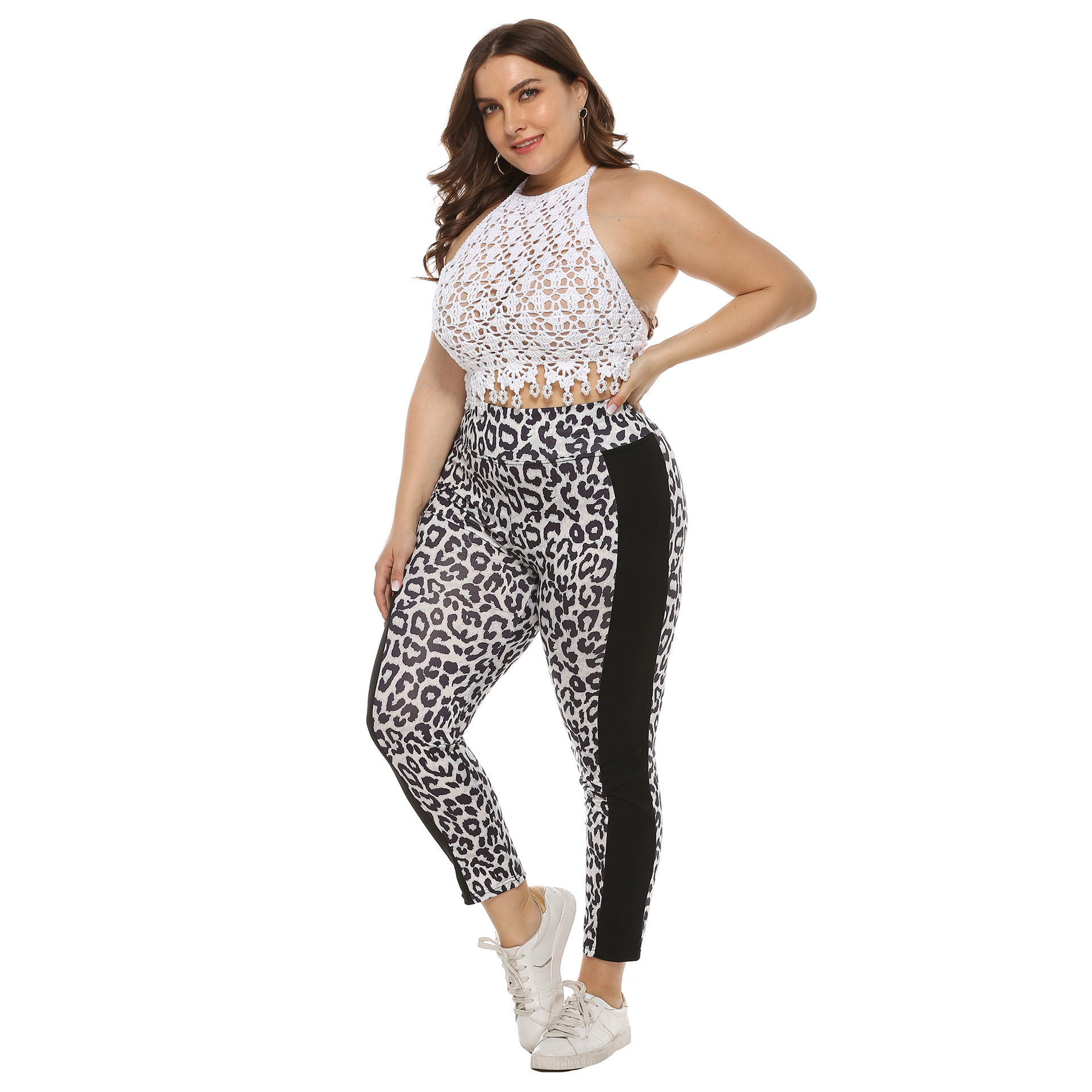 plus size leopard print stitching casual leggings  NSOY28436