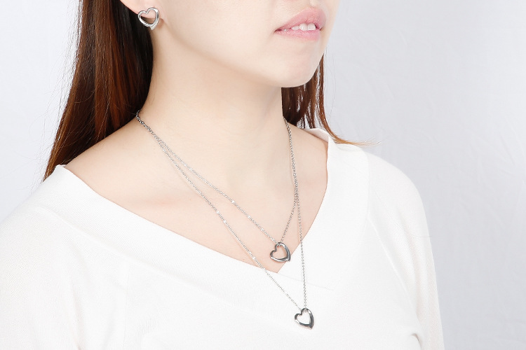 simple hollow heart-shaped double-layer necklace earrings stainless steel set wholesale nihaojewelry