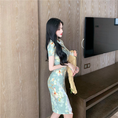 Green floral Chinese Dress qiapo retro cheongsam dress for women girls young girl restoring ancient ways to wear sexy dress Chinese wind