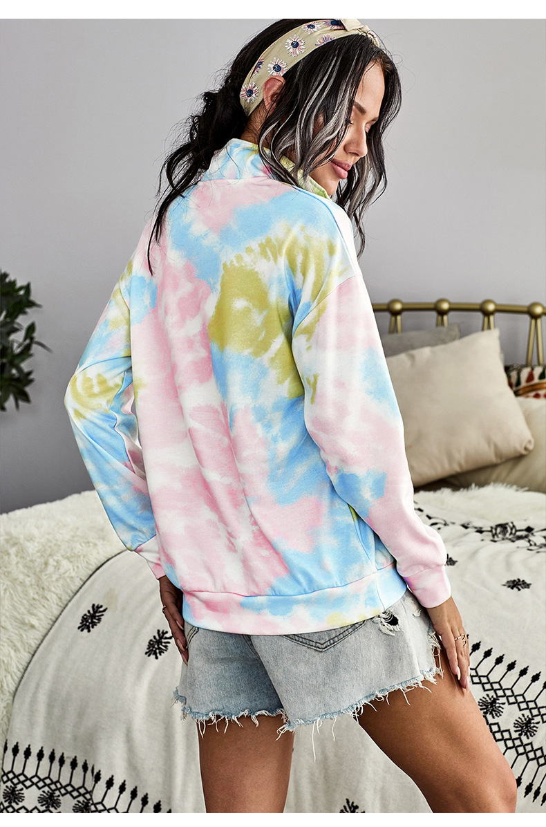 long-sleeved women new loose chest zipper v-neck pullover tie-dye sweater  NSSI2546