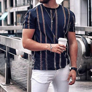 Summer European and American stripe short sleeve threaded round neck men’s casual T-shirt